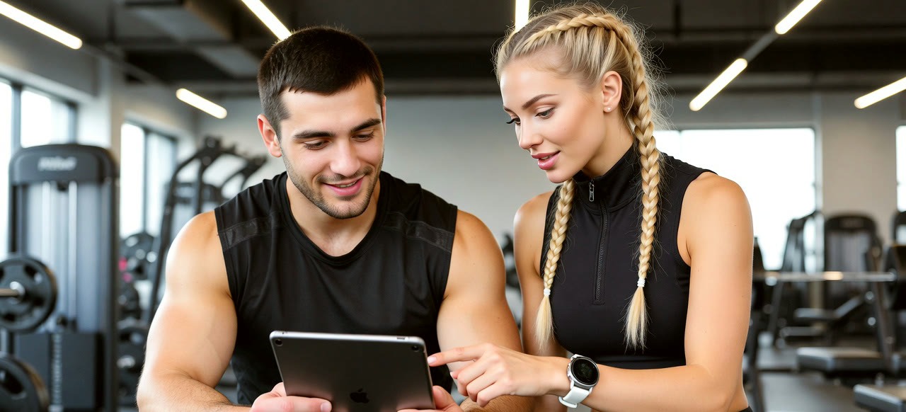 Two people in a gym looking at one tablet together, one of them pointing at something on the screen.